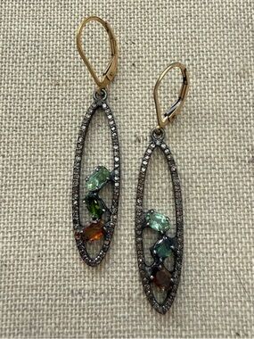 Multi Tourmaline Gemstone and Diamond Drop Earrings with Gold Fill Lever Backs